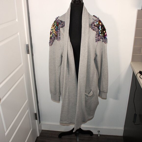EUC Buffalo heather grey multicolour sequin patchwork star open cardigan Large - Picture 1 of 5